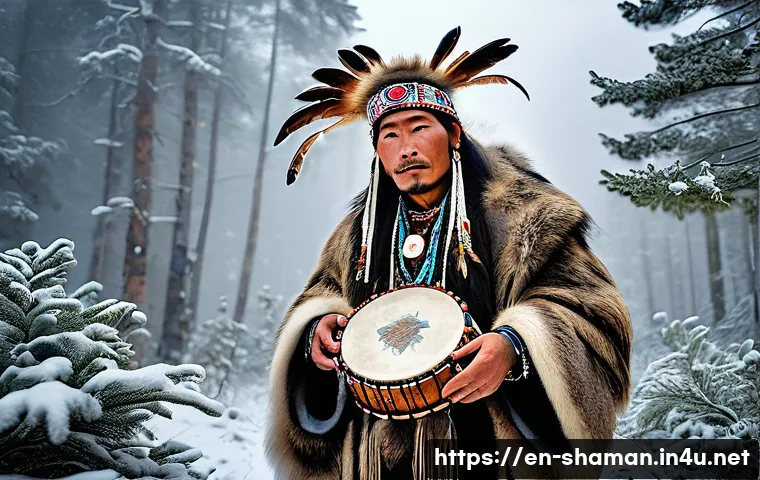 무속인의 지역별 특징 - A Siberian shaman in a snowy mountain forest, wearing traditional ritual costumes adorned with anima...