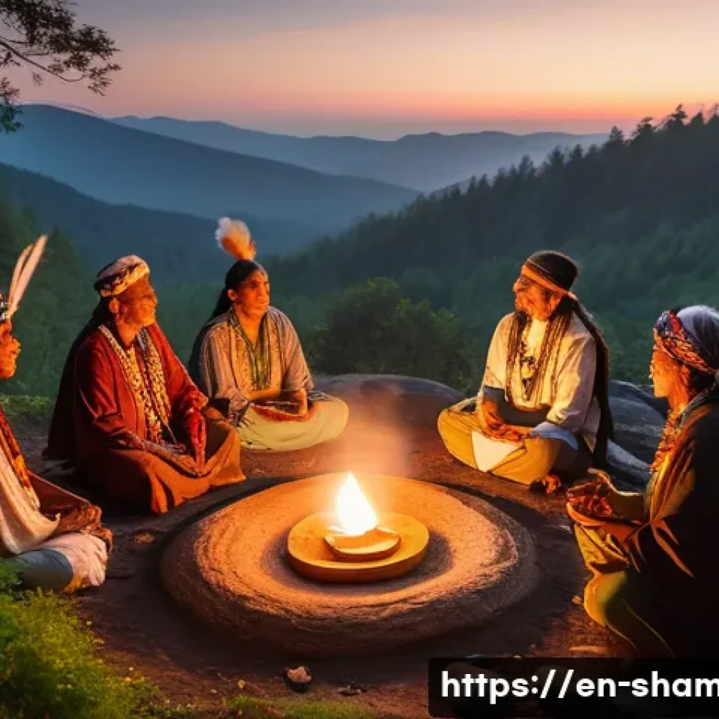 무속 신앙과 치유 사례 - A serene shamanic healing ceremony set in a lush forest clearing during twilight, featuring a divers...