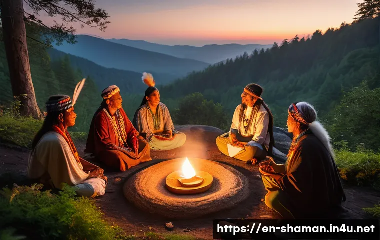 무속 신앙과 치유 사례 - A serene shamanic healing ceremony set in a lush forest clearing during twilight, featuring a divers...