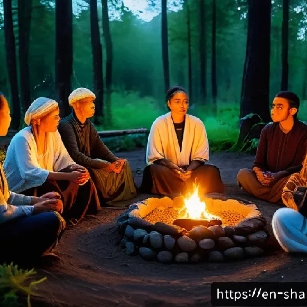 무속과 감정 치유 - A serene shamanic healing ceremony set in a lush forest clearing at twilight, featuring a diverse gr...
