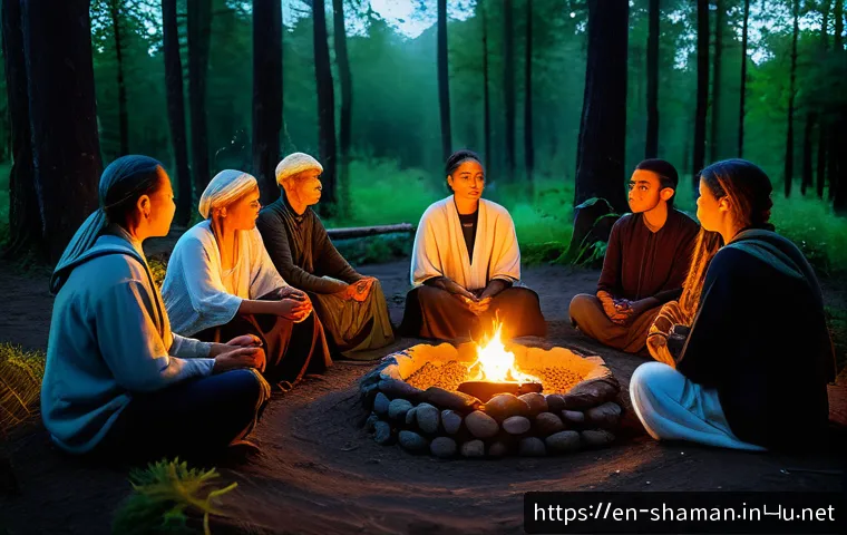 무속과 감정 치유 - A serene shamanic healing ceremony set in a lush forest clearing at twilight, featuring a diverse gr...