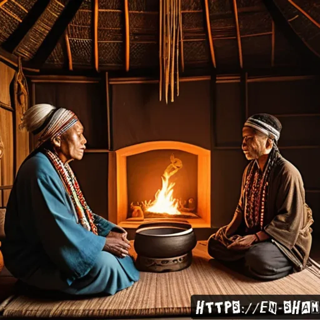 빙의와 정신 질환의 구분 - A culturally rich scene depicting a traditional shamanic ritual inside a softly lit wooden hut, feat...