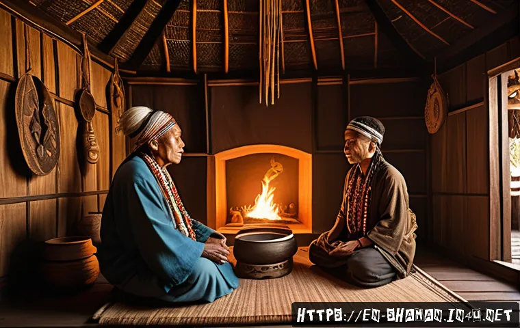 빙의와 정신 질환의 구분 - A culturally rich scene depicting a traditional shamanic ritual inside a softly lit wooden hut, feat...