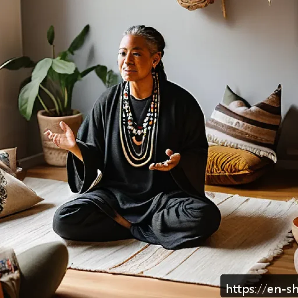 무속 관련 블로그 추천 - A modern urban shaman conducting a healing workshop in a cozy, softly lit studio filled with natural...
