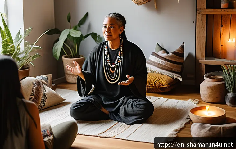 무속 관련 블로그 추천 - A modern urban shaman conducting a healing workshop in a cozy, softly lit studio filled with natural...