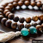 무속 관련 기념품 - A serene close-up of a handcrafted wooden mala bead necklace resting gently on a rustic wooden table...