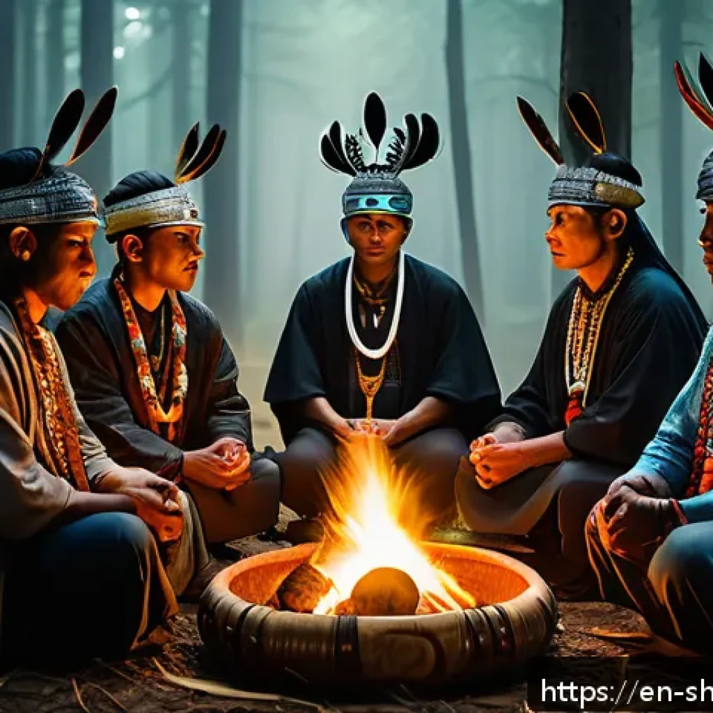 유명 무속인의 굿 이야기 - A serene shamanic ceremony scene at dusk in a lush forest clearing, featuring a shaman dressed in el...
