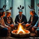 유명 무속인의 굿 이야기 - A serene shamanic ceremony scene at dusk in a lush forest clearing, featuring a shaman dressed in el...