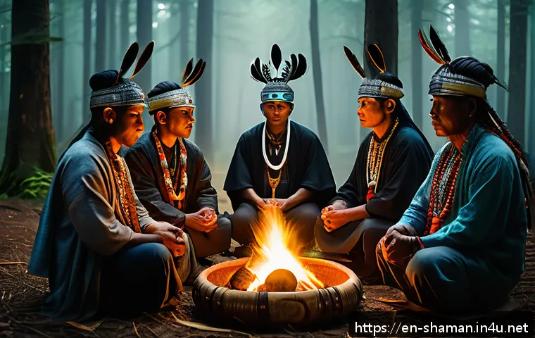 유명 무속인의 굿 이야기 - A serene shamanic ceremony scene at dusk in a lush forest clearing, featuring a shaman dressed in el...