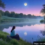 무속에서 태몽 해석 - A serene dreamlike scene depicting a gentle flowing river under a twilight sky filled with soft glow...