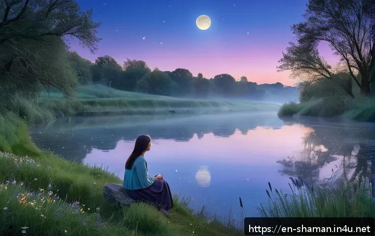 무속에서 태몽 해석 - A serene dreamlike scene depicting a gentle flowing river under a twilight sky filled with soft glow...