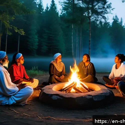 무속과 라이프 코칭 - A serene outdoor scene at dusk featuring a diverse group of people sitting in a circle around a soft...