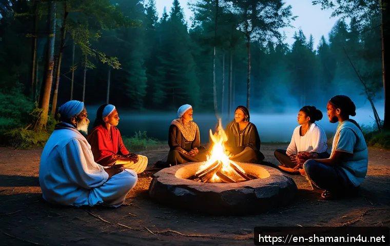 무속과 라이프 코칭 - A serene outdoor scene at dusk featuring a diverse group of people sitting in a circle around a soft...