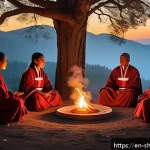 무속 굿 절차 - A serene shamanic ritual scene set in a natural forest clearing at twilight, featuring a sacred spac...