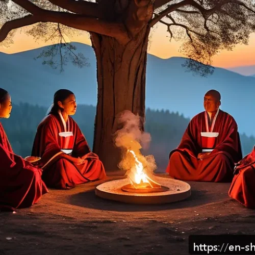 무속 굿 절차 - A serene shamanic ritual scene set in a natural forest clearing at twilight, featuring a sacred spac...