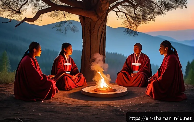 무속 굿 절차 - A serene shamanic ritual scene set in a natural forest clearing at twilight, featuring a sacred spac...
