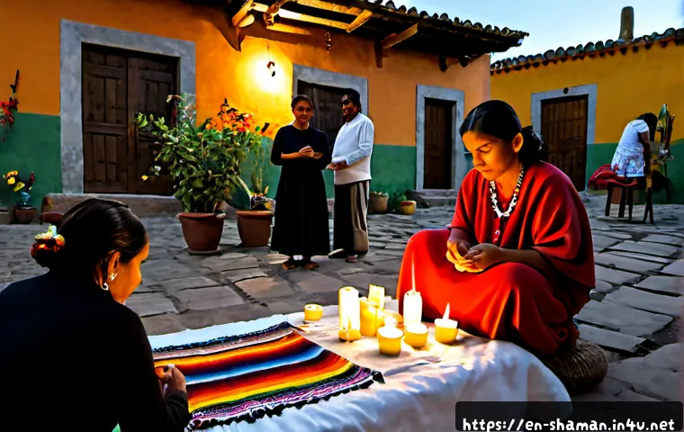 무속 관광 상품 - Photorealistic cultural tourism scene in rural Mexico at golden hour, a small guided group of adult ...