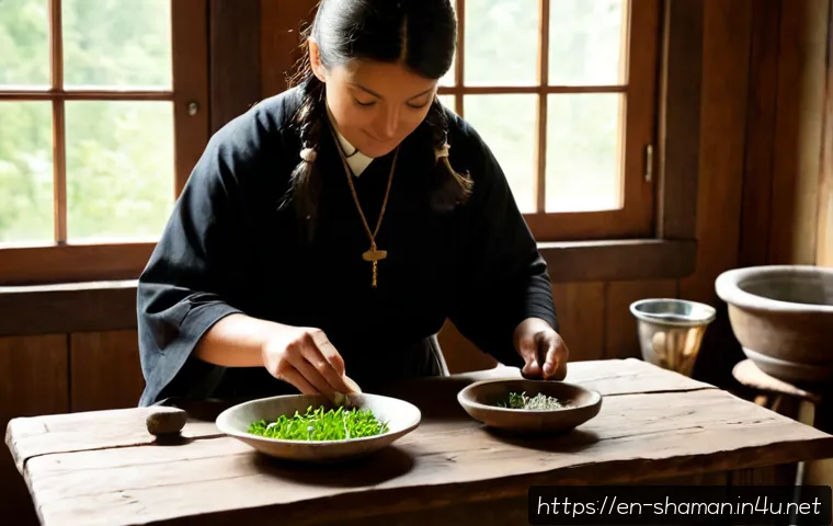 Home 17 무속 굿과 부적 - Photorealistic quiet spiritual cleansing scene in a rustic Appalachian home, a respectful folk heale...